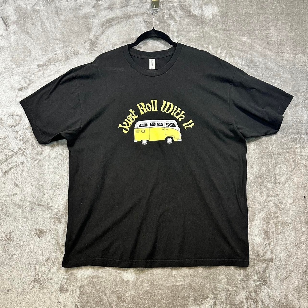 Just Roll With It VW Bus Graphic T-Shirt Black Retro Boho Hippie Tee XL
